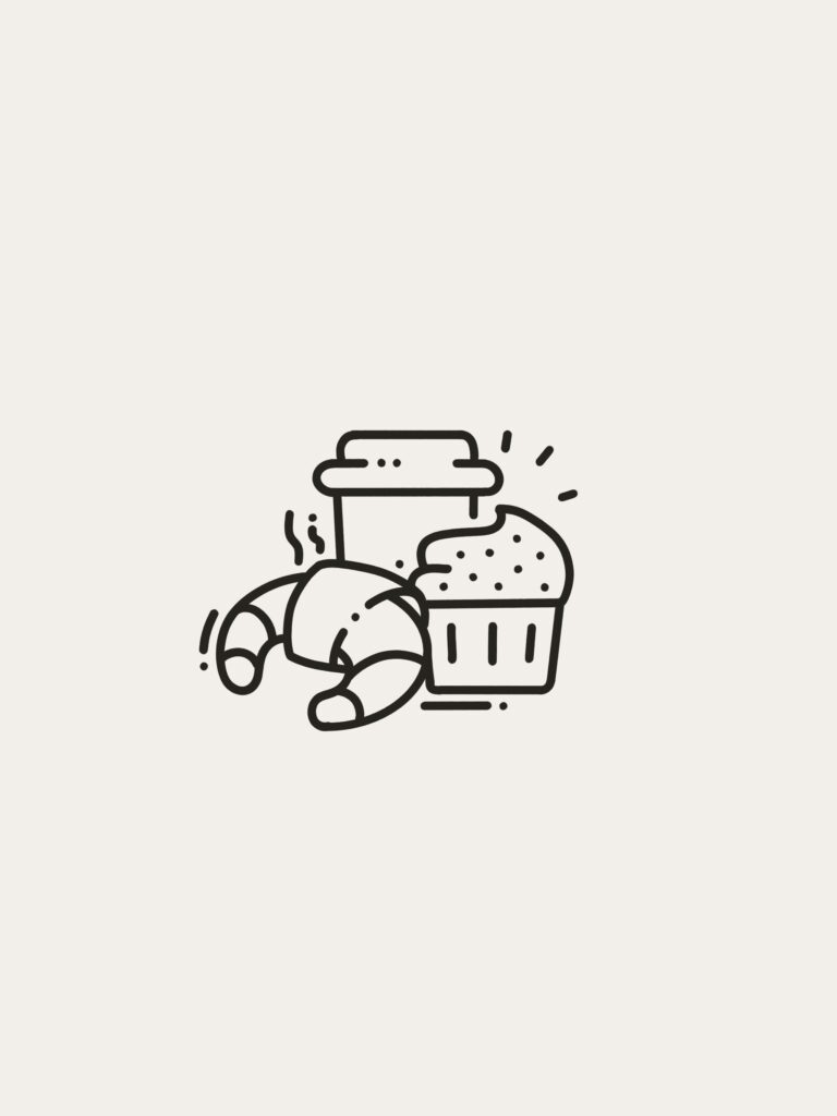 Icône artistique d'un muffin, un croissant et un contenant de café